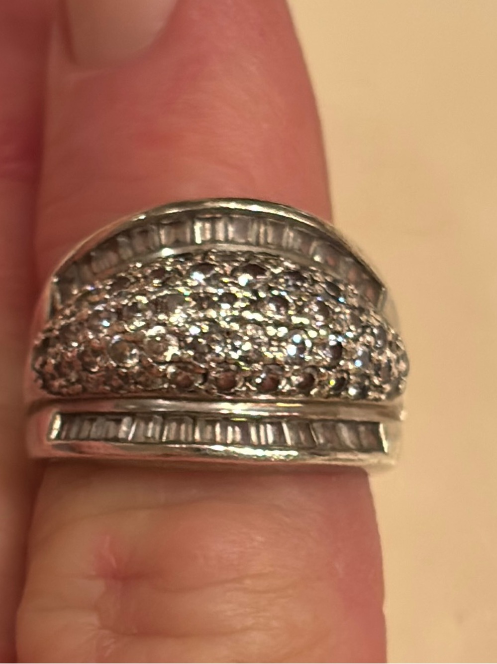 Sterling Silver Pavé and Baguette Diamond-Style Dome Ring - Silver